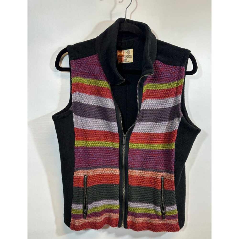 Ruff Hewn Vest Womens size PXL Black Red Purple Striped Zip Up Knit Casual D58